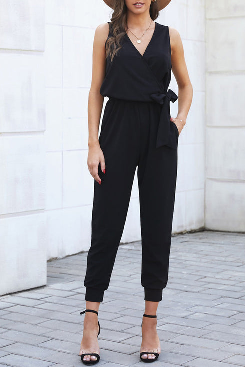 Deep V-Neck Sleeveless Solid Jumpsuit